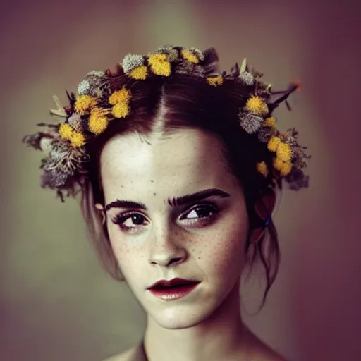 Prompt: fine art photo of the beauty goddess emma watson, she has a crown of dried flowers, by oleg oprisco