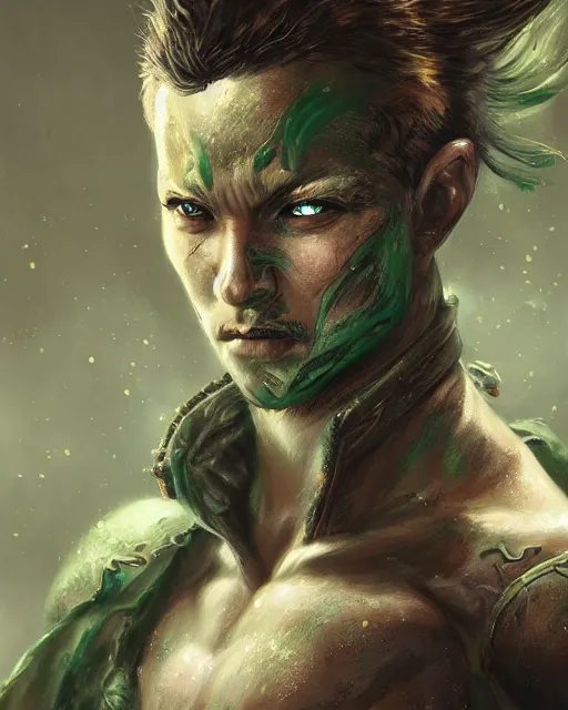 Image similar to portrait of a male warrior, fierce, masculine, ross tran, green - eyes, muted colors, highly detailed sculpture, intricate detailed, ommatidia, 8 k, cinematic atmosphere