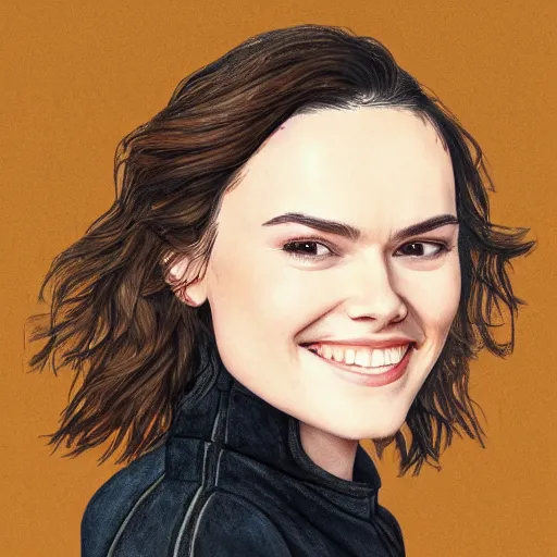 Image similar to beautiful smiling daisy ridley, head and shoulders portrait, extremely detailed masterpiece, one single continues line.