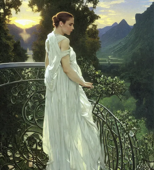 Image similar to intricate oil painting of a young alicia vikander with pointed ears wearing ornate white and light green dress with silver belt, looking out at sunrise over rivendell from her art nouveau balcony, elegant, digital painting, smooth, sharp focus, illustration, ultra realistic, 8 k, by bouguereau, alphonse mucha, artgerm, and donato giancola