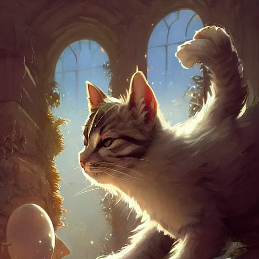 Image similar to highly detailed cat furry, fursona, furry art, white fur, stephen bliss, unreal engine, fantasy art by greg rutkowski, loish, rhads, ferdinand knab, makoto shinkai and lois van baarle, ilya kuvshinov, rossdraws, tom bagshaw, global illumination, radiant light, detailed and intricate environment