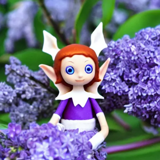 Image similar to a realistic elf is sitting at a close distance, he has a good - natured dreamy look, transparent wings, he is sitting on a beautiful blue flower around a lilac mist c 7. 0