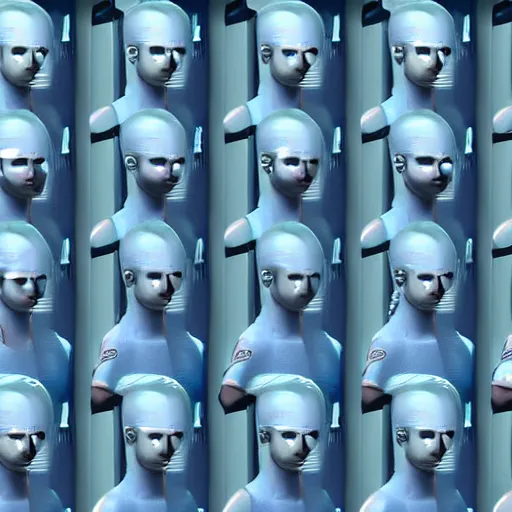 Image similar to troop of cloned women with white bob hairdos, tight light blue neopren suits, futuristic cloning facility, sci - fi, highly detailed, cinematic