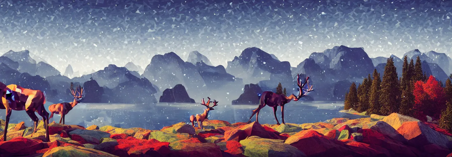 Image similar to super detailed color lowpoly art, northern sunset with rocks on front, blured monochromic lake in the middle of perspective and foggy mountains at background, graphic reindeers in random points, unreal engine, gothic rich deep colors, molotow premium color palette, 3d render, lowpoly, colorful, digital art