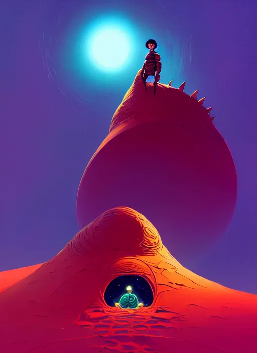 Image similar to paul atreides on the planet dune standing before a sandworm, beautiful detailed realistic cinematic character concept fashion portrait, hi - fructose art magazine, by anton fadeev and paul lehr and david heskin and josan gonzalez, 8 k