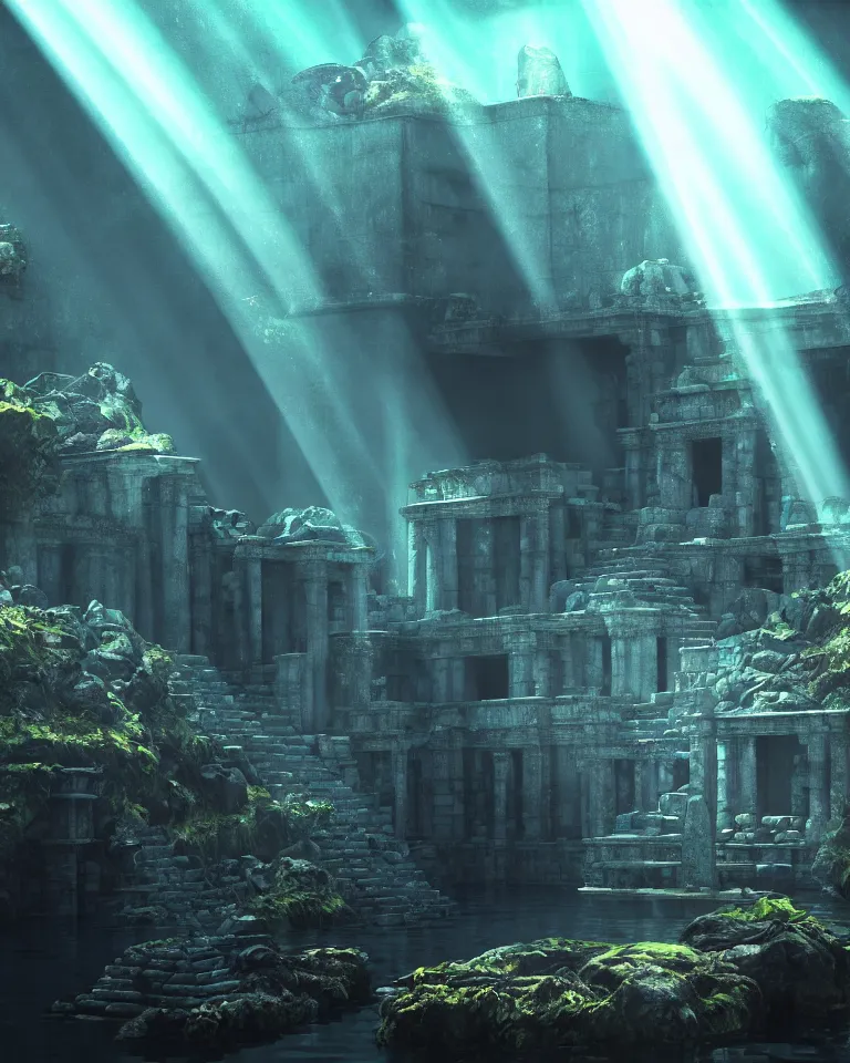 Image similar to full color, wide shot of submerged pre - incan temple, dark, underwater, symmetrical, crepuscular rays, bubbles, abyss, grenada underwater sculpture park, anime style mixed with fujifilm, very dark, murky, foggy, atmospheric, artstation, cgsociety, octane render, cgi, unreal engine 5, denoise, detailed, cinematic masterpiece