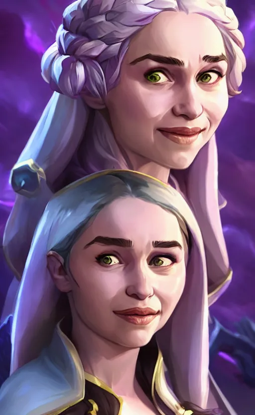 Image similar to Emilia Clarke as a character in the game League of Legends, with a background based on the game League of Legends, smiling, detailed face, old 3d graphics