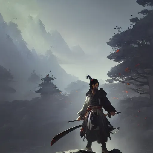 Image similar to ghost of tsushima, sony entertainment, extremely detailed digital painting, in the style of fenghua zhong and ruan jia and jeremy lipking and peter mohrbacher, mystical colors, rim light, beautiful lighting, 8 k, stunning scene, raytracing, octane, trending on artstation