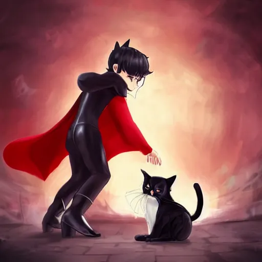 Prompt: little boy with cat ears in an black latex suit with red cape. digital artwork made by lois van baarle and kentaro miura, sharpness focus, inspired by hirohiko araki, anatomically correct, heroic composition, hero pose