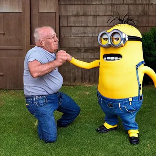 Image similar to a minion fighting an old man, backyard wrestling, intricate complexity, extremely detailed, very sharp,