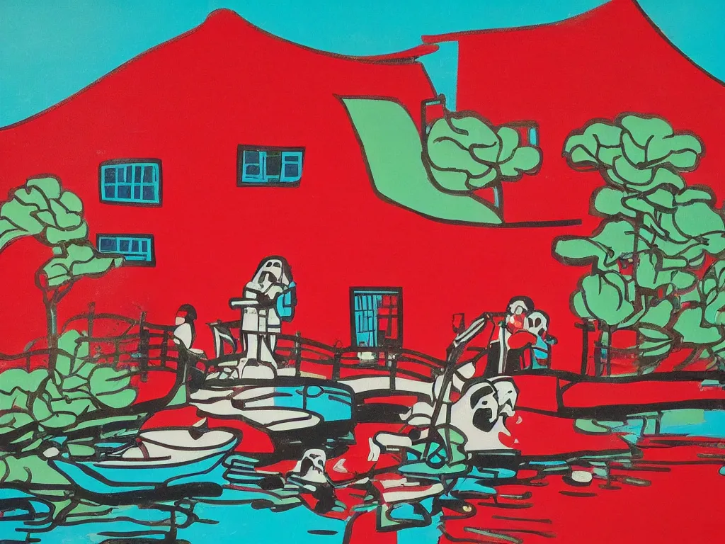 Image similar to close - up image of a red house with a pond, with stormtroopers sitting around it, a combination of pop - art and traditional japanese painting styles, the style of andy warhol, roy lichtenstein and jackie tsai, bright palette, acrylic on canvas