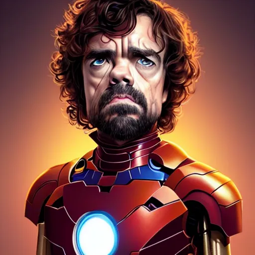 Image similar to handsome Peter Dinklage in an Iron Man suit, western, D&D, fantasy, intricate, elegant, highly detailed, digital painting, artstation, concept art, matte, sharp focus, illustration, art by Artgerm and Greg Rutkowski and Alphonse Mucha