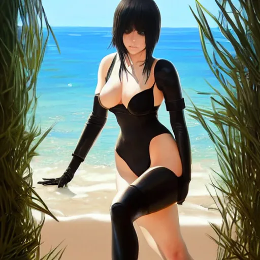 Prompt: full body portrait of 2 b nier automata wearing a skintight dress in a beach, large thighs, perfect face, intricate, elegant, highly detailed, digital painting, artstation, smooth, sharp focus, illustration, art by artgerm and greg rutkowski and alphonse mucha, 8 k