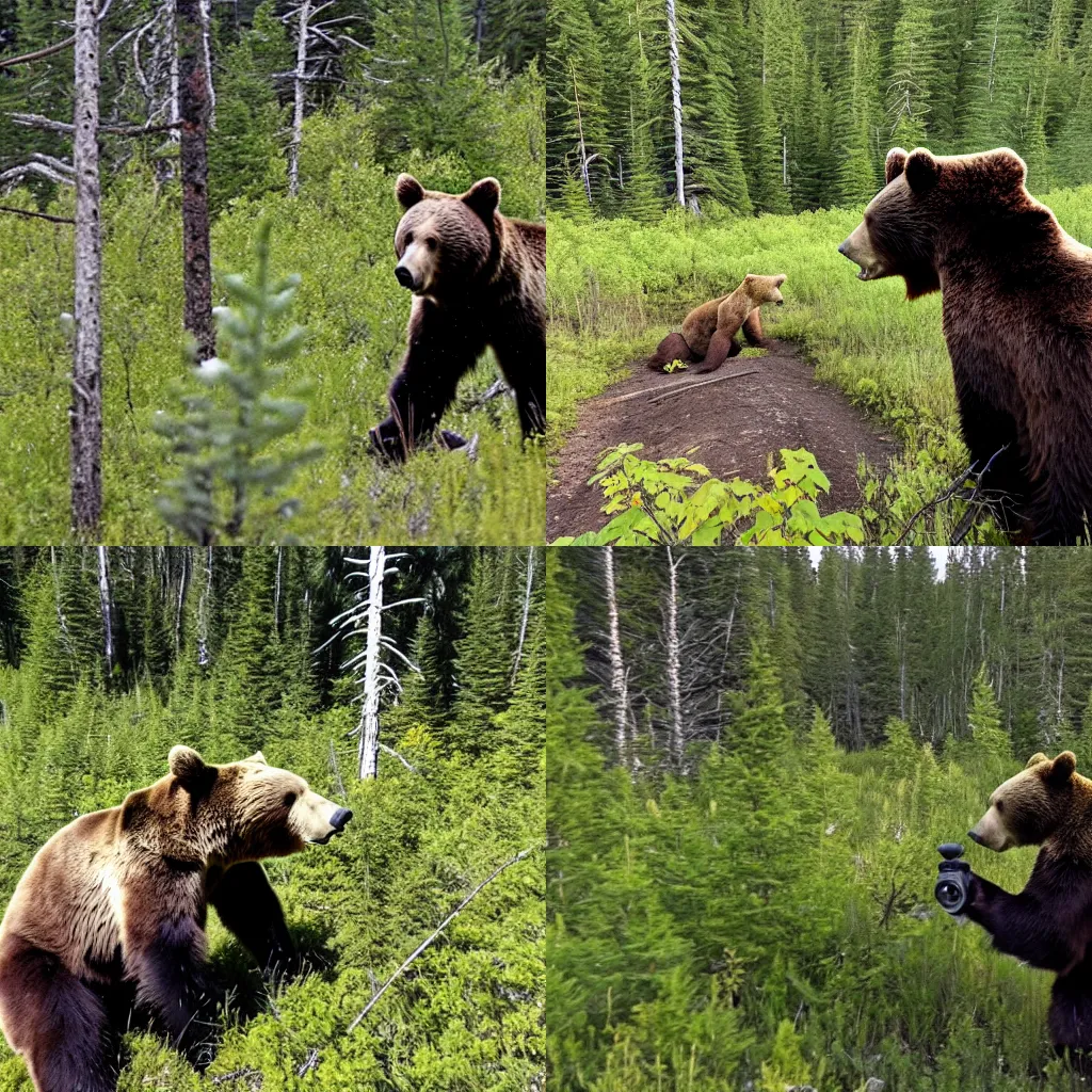 Prompt: trail cam Jordan Peterson hunting a bear