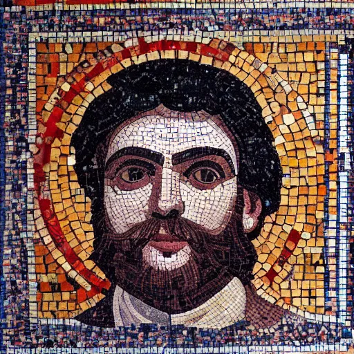 Prompt: minoan mosaic of frustated computer programmer, exquisite detail, extremely colorful