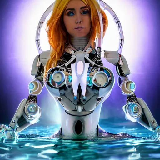 Prompt: beautiful centered Fine art photo portrait of Jessica Nigri as a solarpunk robotic humanoid treading on water, white mechanical parts with led lights, photorealistic, white background, highly detailed and intricate, sun lighting, HDR 8k