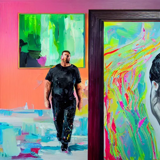 Prompt: _ in _ these _ paintings _ we _ see _ a _ big _ man _ who _ seem _ to _ be _ walking _ in _ circles in an empty void space, 4 k, in the style of ben quilty, hyper realism, minimal green and pink palette, medium shot, oil paint with thick brushstrokes of paint, impasto, detailed,