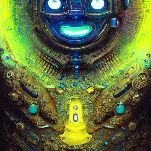 Image similar to low angle shot of a t A Robot With its head missing, gushing out oil from the hole, walking towards the viewer, neon color scheme, by Clive Barker , intricate, elegant, highly detailed, centered, digital painting, artstation, concept art, smooth, sharp focus, illustration, artgerm, Tomasz Alen Kopera, Peter Mohrbacher donato giancola, Joseph Christian Leyendecker, WLOP, Boris Vallejo.