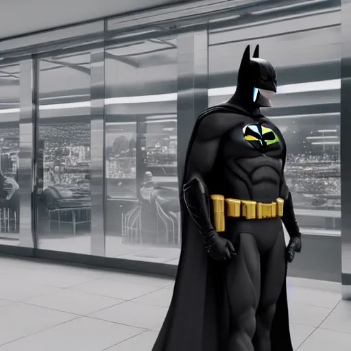 Prompt: batman waiting in line at the bank, octane render, ultra detail, ultra realistic, 8 k