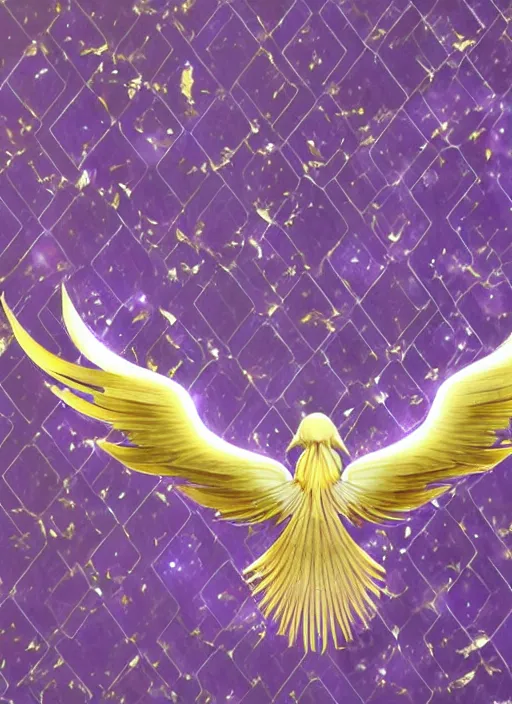 Prompt: white phoenix subtle purple gold white phoenix salt crystals sharp detail 3d render simple background graphic ultra simplified deco design fai khadra gaika style