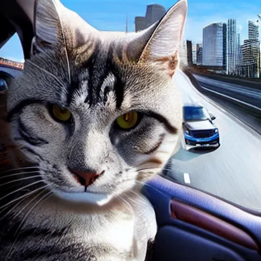 Image similar to giant cat in traffic, ultra realistic, very realistic