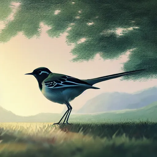 Image similar to closeup of a wagtail bird in avila, lavandera, river edge, green fields, summer season, 4 k, midday light, concept art, by wlop, ilya kuvshinov, artgerm, krenz cushart, greg rutkowski, pixiv. cinematic dramatic atmosphere, sharp focus, volumetric lighting, cinematic lighting, studio quality