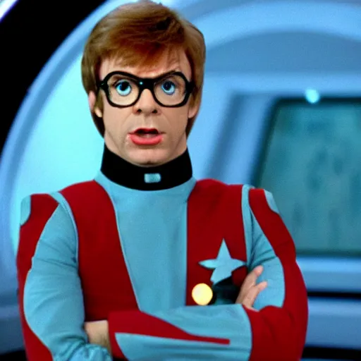 Image similar to austin powers as lieutenant riker on the bridge of the starship ncc-1701-d