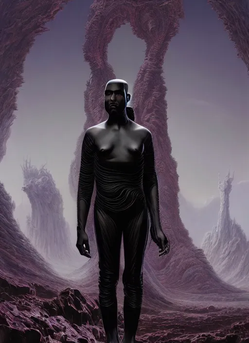 Image similar to stunning landscape kanye west as a futuristic solarpunk suited man holding a touch, victorian era, lovecraftian horror, cosmic horror!! cinematic lighting, digital art, winning award masterpiece, fantastically beautiful, aesthetically inspired by wayne barlowe and gerald brom, trending on artstation, art by h r giger and greg rutkowski, octane render, 8 k