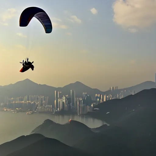 Image similar to sauron making paraglider above hong kong, fantasy