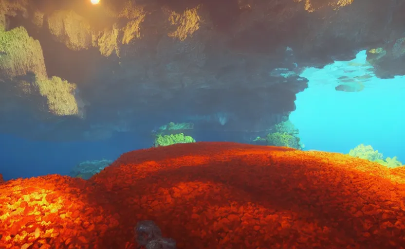 Prompt: a cave lake with some orange fish swimming inside, studio ghibli, pixar style, octane render, unreal engine 5, path traced, highly detailed, high quality, 8 k, soft lighting, godrays, complementary colors, natural lighting, water parallax, serene landscape, beautiful, elegant, digital painting