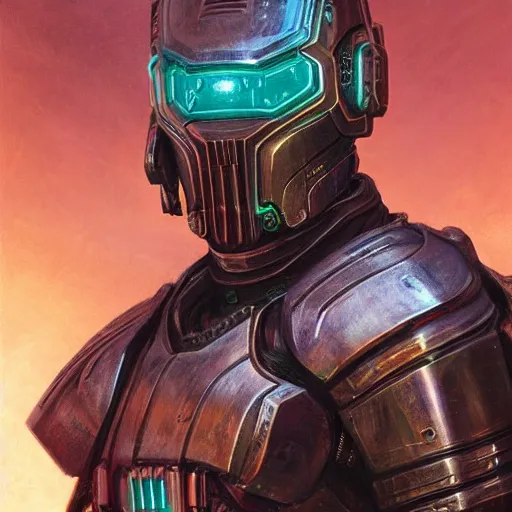 Image similar to the doomslayer with glowing armor as a realistic scifi cyberpunk knight, closeup portrait art by donato giancola and greg rutkowski, vintage retro scifi, realistic face, digital art, trending on artstation, symmetry!!!