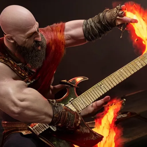 Prompt: kratos shredding on a flaming stratocaster guitar, cinematic render, god of war 2 0 1 8, santa monica studio official media, lightning, spartan rage, accurate head