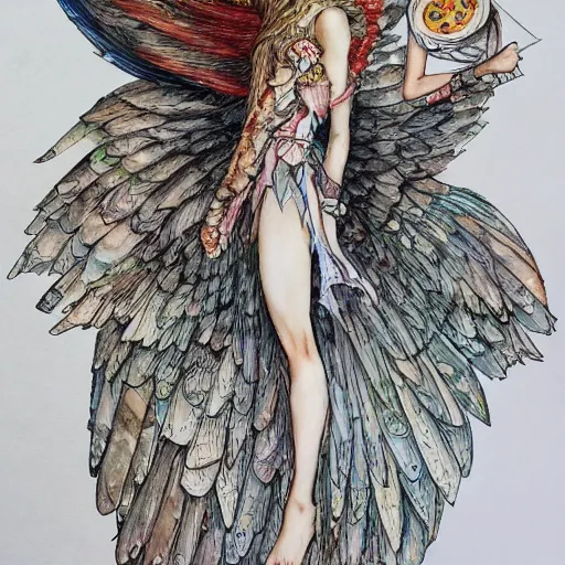 Image similar to fairy girl with wings made of pizza slices, watercolor, pen and ink, intricate line drawings, by Yoshitaka Amano, Ruan Jia, Kentaro Miura, Artgerm, detailed, trending on artstation, hd, masterpiece,