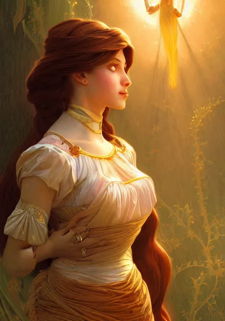 Prompt: rapunzel gold sun magic, intricate, elegant, highly detailed, digital painting, artstation, concept art, smooth, sharp focus, illustration, art by artgerm and greg rutkowski and alphonse mucha and william - adolphe bouguereau