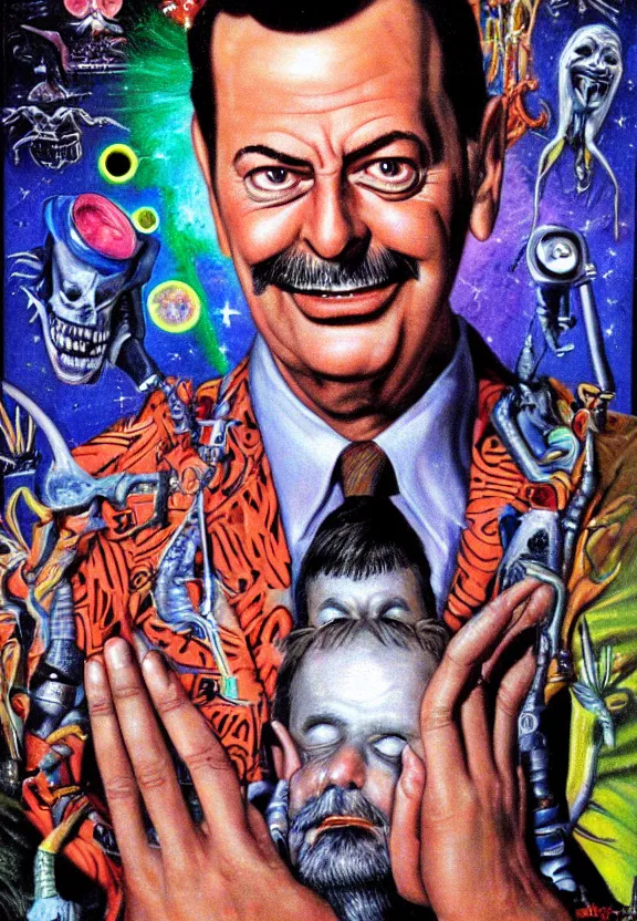 Prompt: one famous person, subgenius, x - day, aliens, weird stuff, occult stuff, illuminati, less detail, colorful, hyperrealism, stage lighting