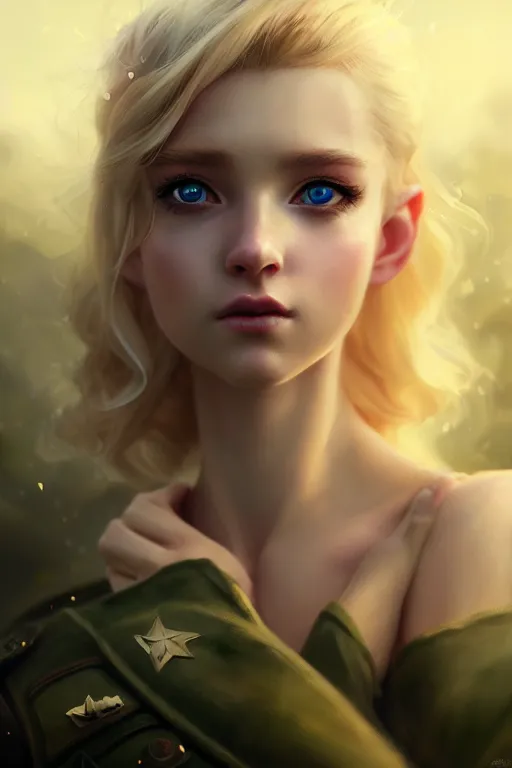 Image similar to cinematic shot of an epic portrait of a cute blonde fairy dressed in military clothes, stylised military clothes, shiny skin, beautiful eyes, beautiful, small details, night setting, realistic poster with volumetric light from craig mallism, artgerm, jeremy lipkin and michael garmash, unreal engine, radiant light, digital art, trends at art station, a masterpiece