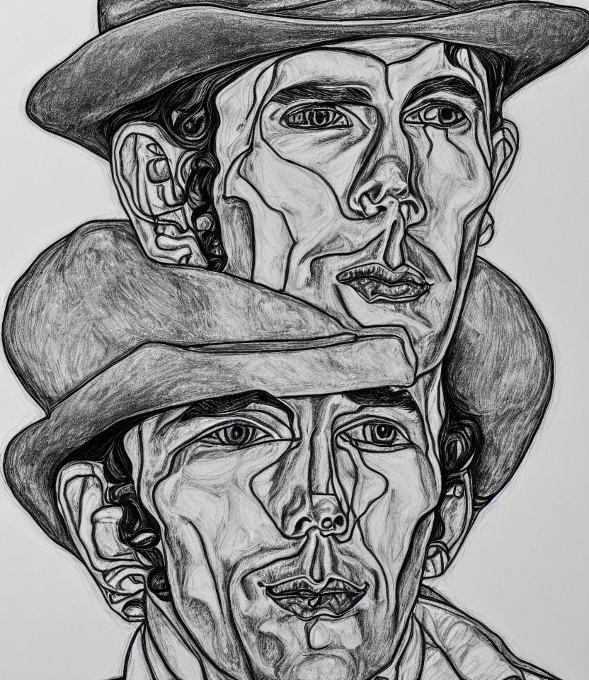 Prompt: detailed line art portrait of hank williams, inspired by egon schiele. contour lines, caricatural, musicality, twirls curls and curves, confident personality, raw emotion