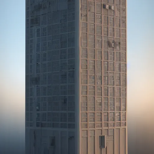 Image similar to a very tall soviet panel building in the fog, dystopian style, 4k, octane, hyperrealistic, extremely detailed,