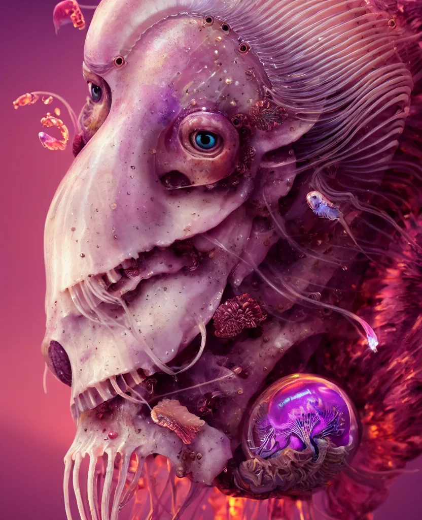 Image similar to goddess princess face close-up portrait ram skull. jellyfish phoenix head, nautilus, orchid, skull, betta fish, bioluminiscent creatures, intricate artwork by Tooth Wu and wlop and beeple. octane render, trending on artstation, greg rutkowski very coherent symmetrical artwork. cinematic, hyper realism, high detail, octane render, 8k