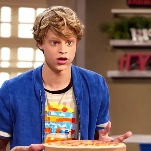 Prompt: jace norman as henry hart from henry danger trying to order pizza