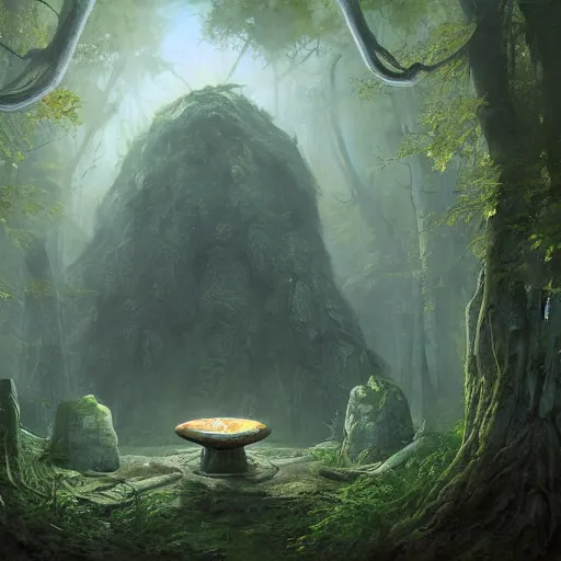 Image similar to a painting of a alien altar in the middle of a forest, a detailed matte painting by slawomir maniak, deviantart contest winner, fantasy art, matte painting, cryengine, concept art