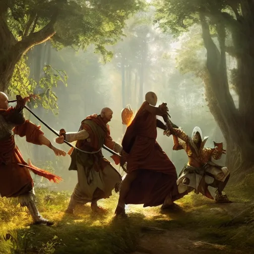 Prompt: 'A monk, bard, druid and a paladin are fighting together in the woods, art by Greg Rutkowski, 4k'