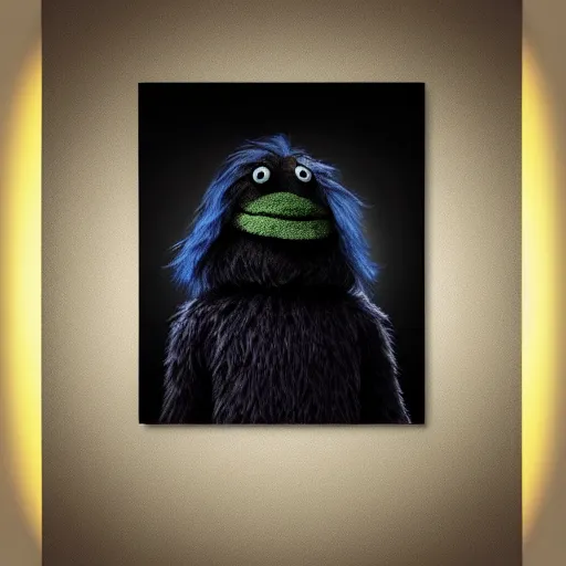 Prompt: photorealistic portrait of dark angry muppet in night, dark forest background