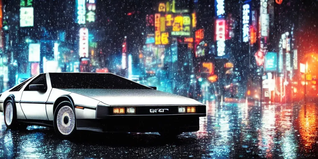 Image similar to close up macro shot of a delorean car on wet tokyo street at night, intricate, hyper detailed, smooth, high contrast, neon, volumetric lighting, octane, moebius, greg rutkowski, blade runner, ridley scott, cinematic