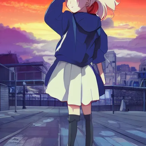 Image similar to Astonishing Pixiv 8K Splash art of an Anime Key Visual Pinterest loli with blond hair and cute pigtails who wears a blue coat with a hood and black shorts when practicing parkour through a big modern city in twilight from Unsplash. She does a superhero pose against a cinematic dark scene of an HDR sunset with faint orange light in Studio Ghibli style. Amazing piece Trending on Artstation and DeviantArt, dynamic lighting,