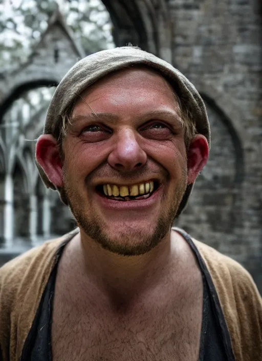 Prompt: closeup portrait of a grinning drunken medieval goblin in the cloisters, depth of field, zeiss lens, detailed, symmetrical, centered, fashion photoshoot, by annie leibovitz and steve mccurry, david lazar, jimmy nelsson, breathtaking, 8 k resolution, extremely detailed, beautiful, establishing shot, artistic, hyperrealistic, beautiful face, octane render