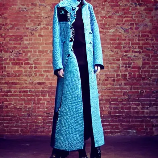 Image similar to fashion 2 0 5 0 fantastic openwork long coat with intricate pattern on a beautiful symmetrical girl with blue hair, hyper realistic photos