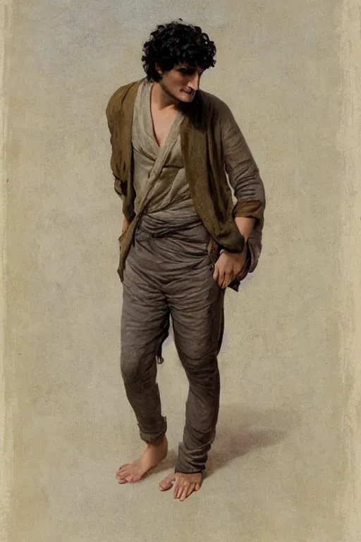 Image similar to upper body portrait of actor louis garrel as Adam in paradise, colour painting by normal rockwell, guidi prime background by carl spitzweg