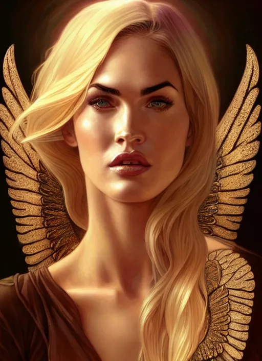 Prompt: portrait of megan fox as an blonde angel, wings, bible, intricate, headshot, highly detailed, digital painting, artstation, concept art, sharp focus, cinematic lighting, illustration, art by artgerm and greg rutkowski, alphonse mucha, cgsociety