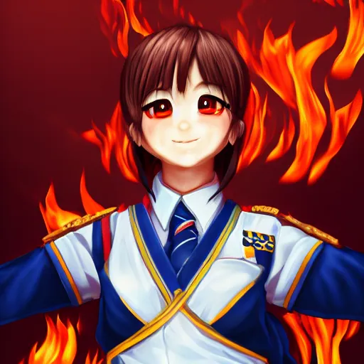 Image similar to Portrait of a Japanese schoolgirl with short hair in uniform causing flames in a moment of rage, ultra detailed, armor, artstation, 8k, photorealistic, digital anime art.